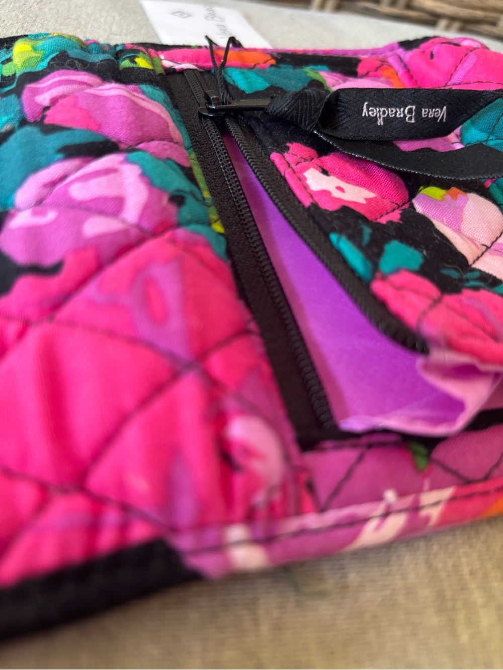Vera Bradley Quilted Floral Trifold Wallet - Black, Hot Pink & Teal - Picture 9 of 11